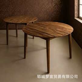 诧寂风老榆木圆形餐桌家居中古风做旧小型茶几小户型餐厅茶水桌