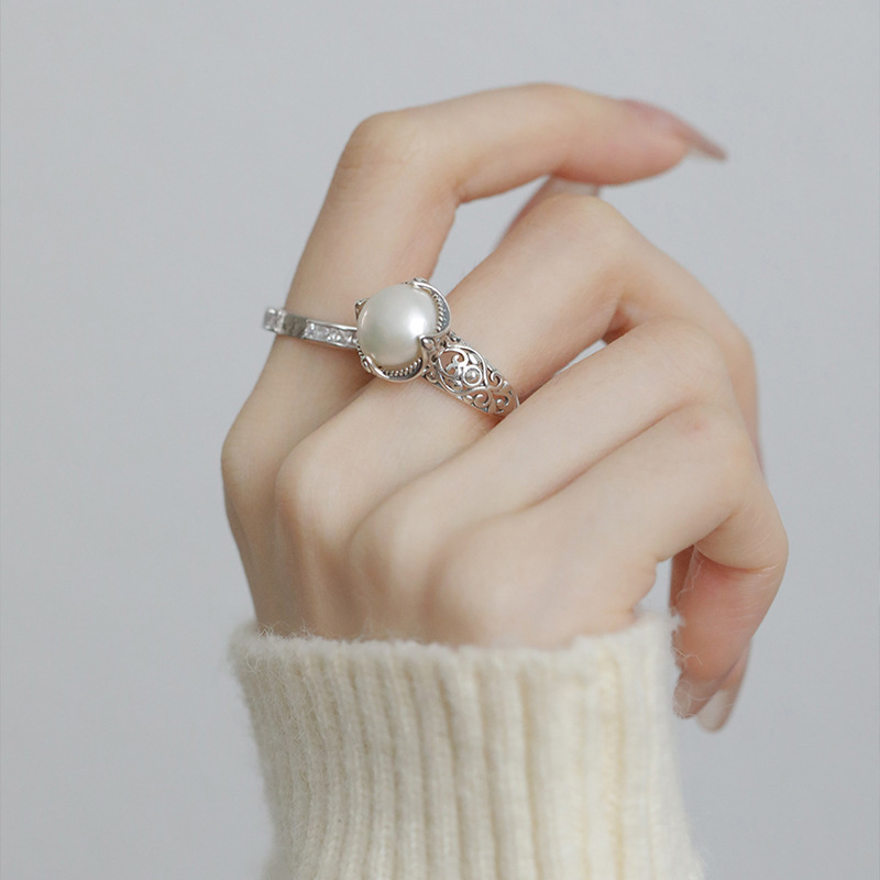 Vintage Pearl Hollow Ring For Women Adjustable Open Design_voghion.com