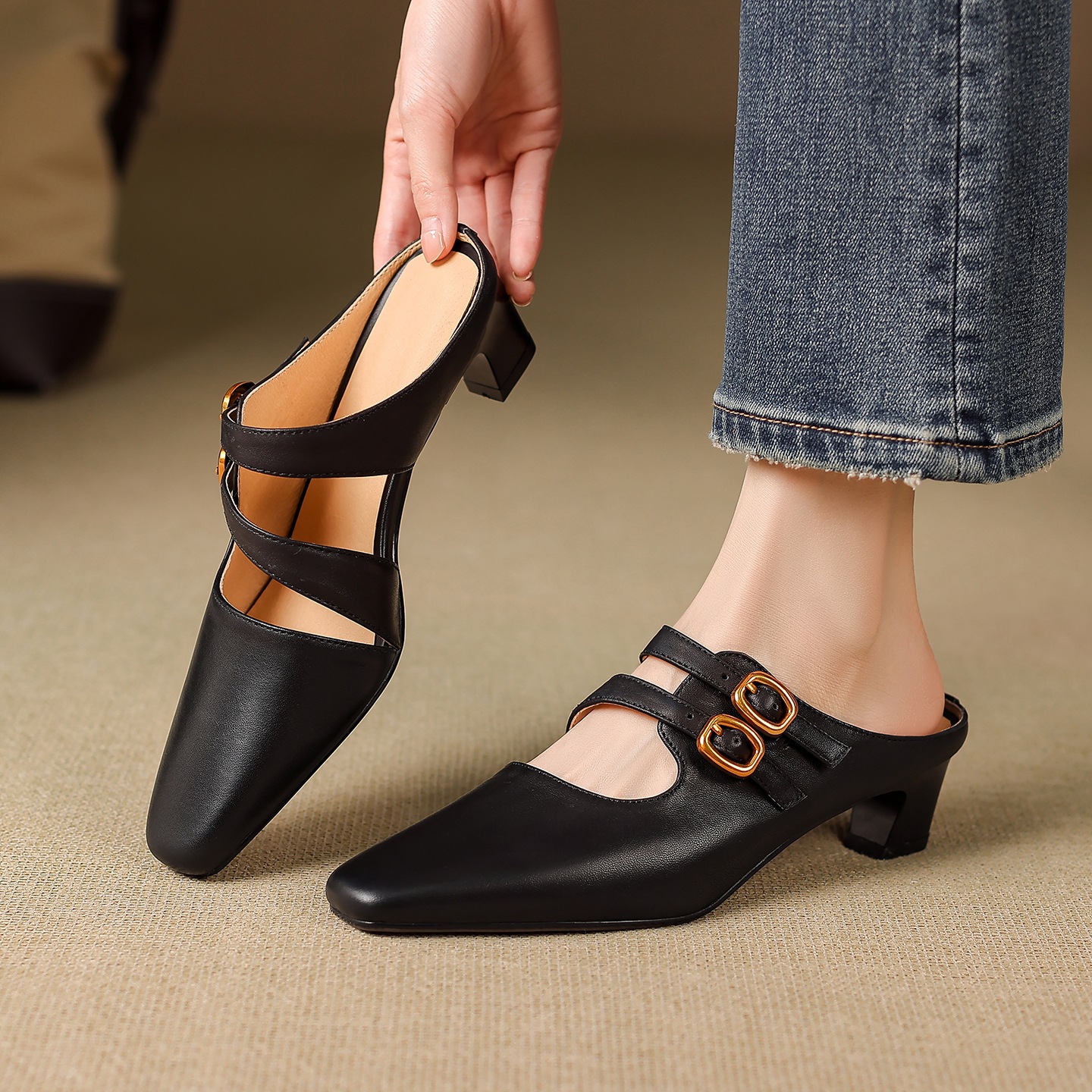 Sandal nữ quai ngang gót vuông ổn định, da bò thật, khóa sau, phong cách Muller — đen