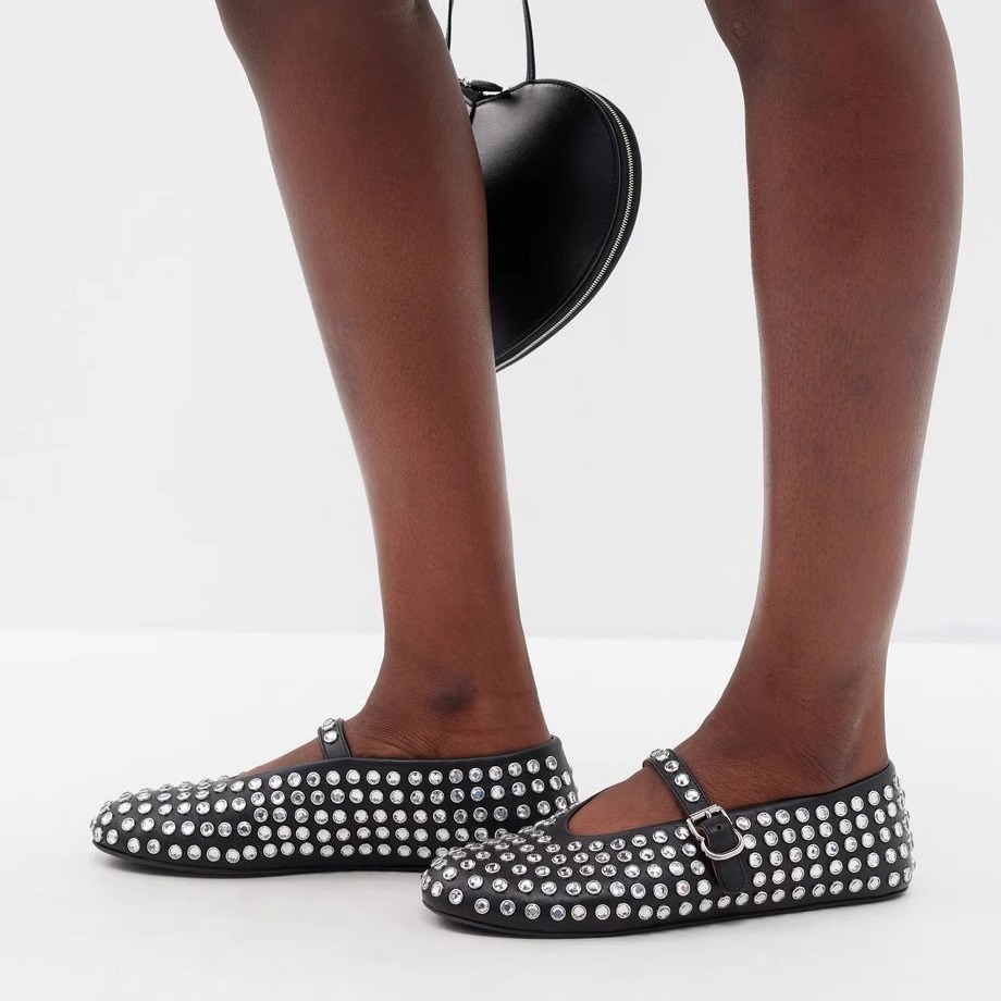 European and American plus size Niche Rhinestone Rivet Single Shoes Women's Full Diamond Belt Buckle Round Head Flat Dancing Ballet Shoes Cross Border