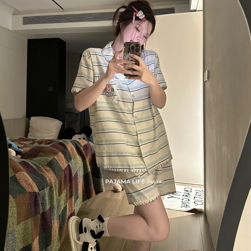 2026 New Cartoon Baseball Puppy Pajamas for Women, Summer Cloud Cotton Short-Sleeve Shorts Striped Turn-Down Collar Loungewear Set