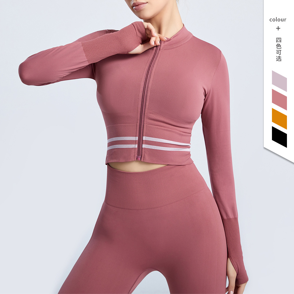 Ropa de yoga sin costuras de manga larga apretado corto yoga Top cremallera collar chaqueta deportiva nude fitness top