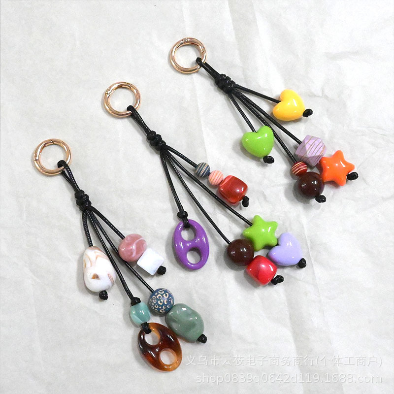 Retro Fashion New Style Handmade Woven Leather Cord Phone Charm Niche Acrylic Beaded Pants Pendant Bag Accessory