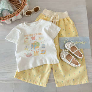 [Xiaoxian Lemon Seven] Girls Summer Suit New Korean Style Cartoon Printed Short-Sleeved T-Shirt Wide-Leg Pants Two-Piece Set