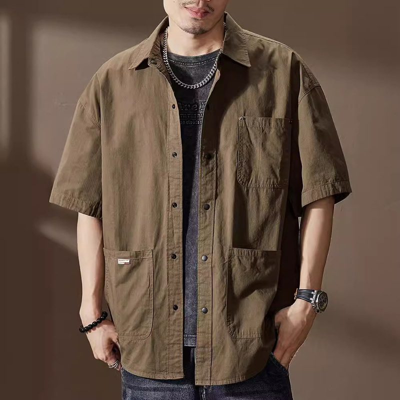 American Style Retro Brown Tooling Short-sleeved Shirt Men's Summer Trendy Brand High-end Mountain Style Loose Casual Shirt Men's Jacket