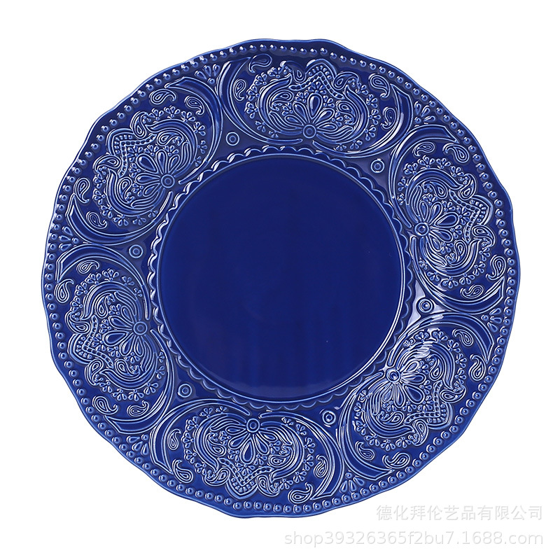 Embossed blue steak plate French Western plate personalized retro style ceramic milk pot sugar pot suit tableware wholesale