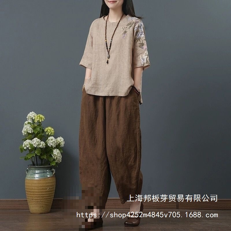 Loose Plus Size Women's Clothing for Middle-Aged Mothers Summer Linen Embroidered Cotton and Linen Tops Women's Short-Sleeved Shirts Nine-Point Pants Sets Wholesale Loose Plus Size Women's Clothing for Middle-Aged Mothers Summer Linen Embroidered Cotton and Linen Tops Women's Short-Sleeved Shirts Nine-Point Pants Sets Wholesale