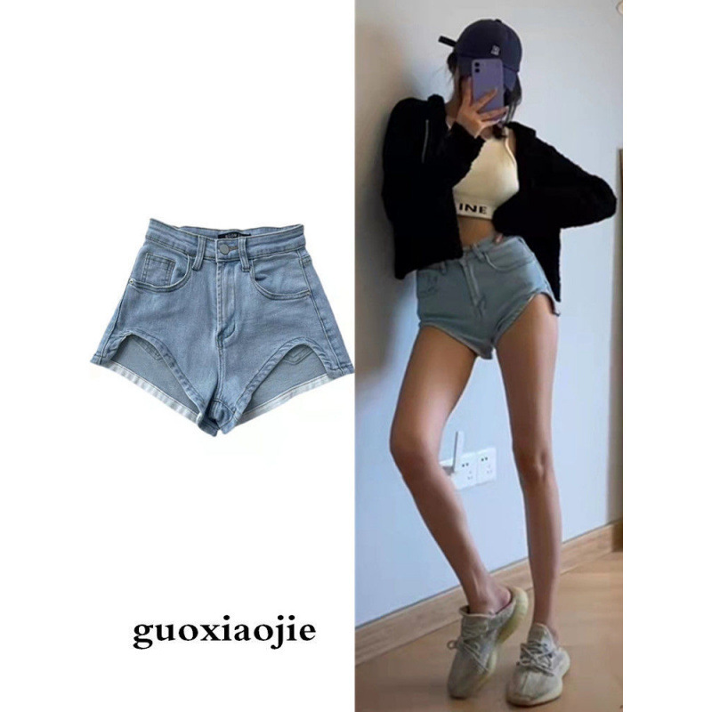 Summer 2024 New Korean Style Versatile High-Waist Slimming Elastic Irregular Denim Wide-Leg Shorts for Women