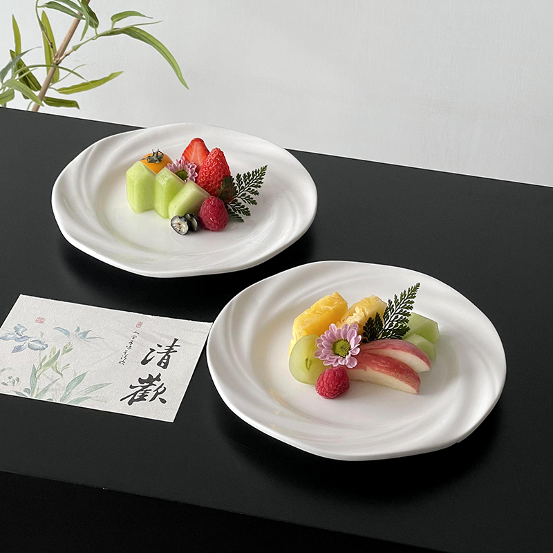 Chinese Solid Color Ceramic Plate, High-Looking Fruit Plate, Creative Dessert Plate, Afternoon Tea Tableware, Retro Plate