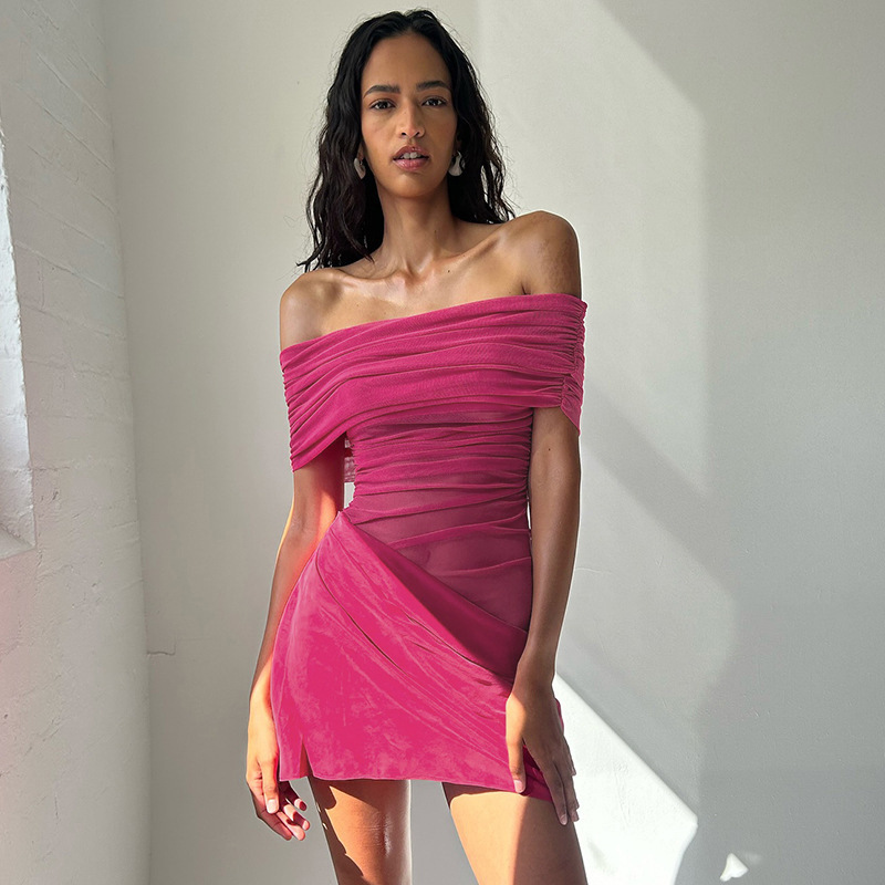 Transfronterizo 2025 primavera y verano nuevo estilo de ropa de mujer europea y americana sexy una palabra hombro malla empalmado cintura abierta vestido plegado delgado