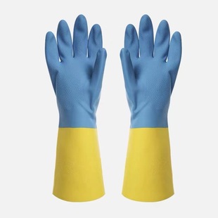 Blue and yellow two-color neoprene gloves industrial household household household household household household household laundry dishwashing labor protection wholesale factory direct thickened