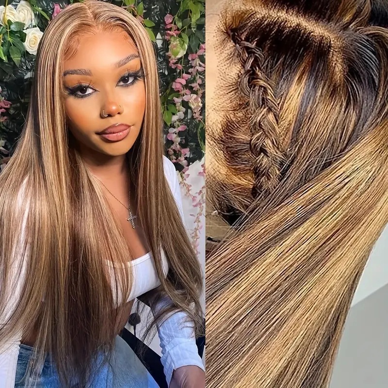 Long Straight Synthetic Lace Front Wig With Piano Highlights_voghion.com
