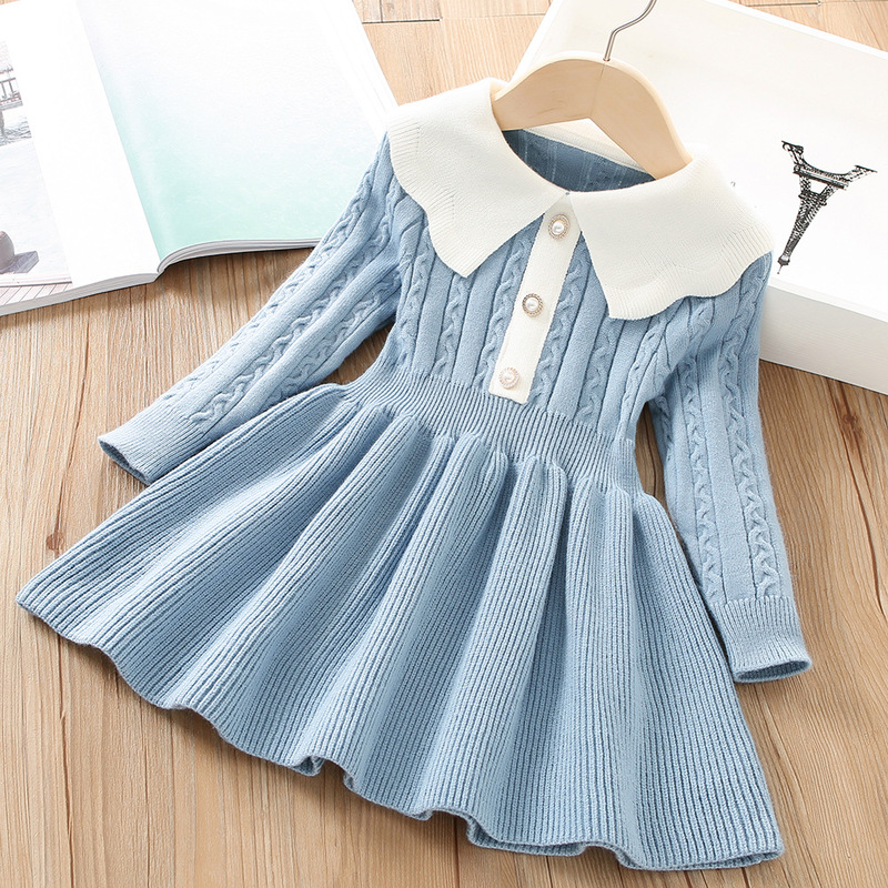 Girls Sweater Dress 2022 Winter New Korean Style Pure Color Little Girl Knitted Long-Sleeved Princess Dress Trendy