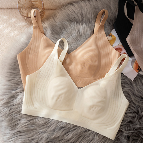 Meizhai women's thin ice silk seamless underwear big breasts show small anti-sagging rabbit ears jelly strip bra women's latex