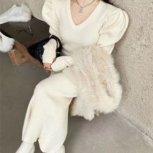 针织连衣裙女秋冬季新款条纹领泡泡袖修身长款过膝打底毛衣裙子