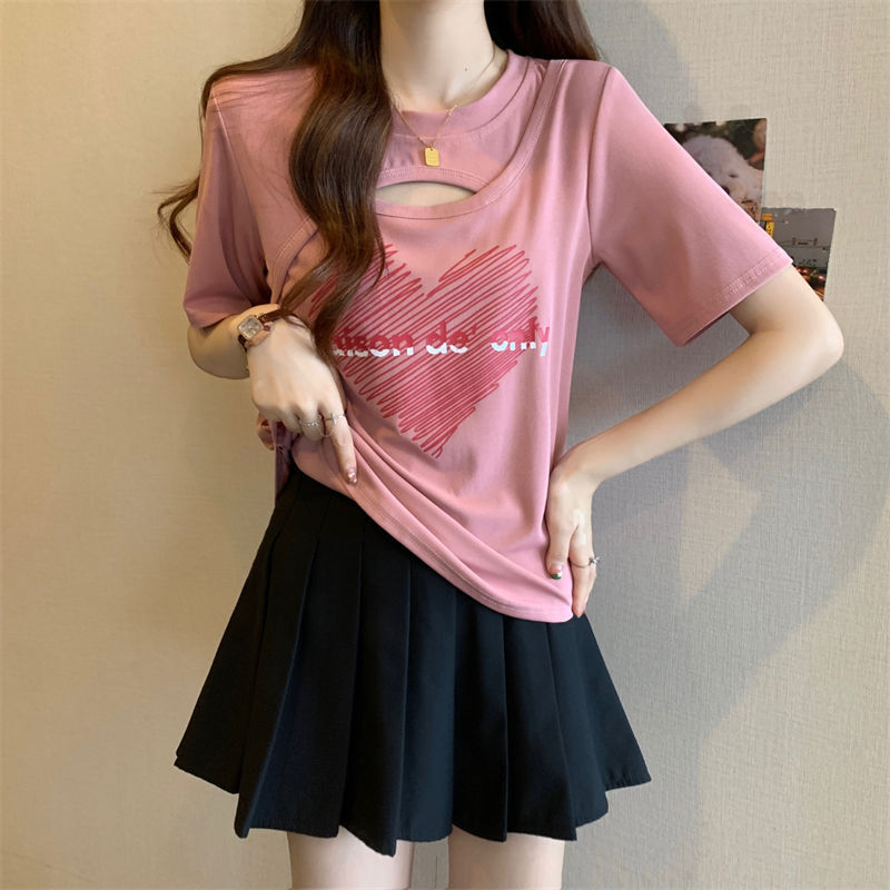 Más el tamaño de las mujeres ahuecadas de manga corta de las mujeres del verano 2023 nuevas mujeres de estilo coreano sueltas adelgazamiento todo partido superior de las mujeres