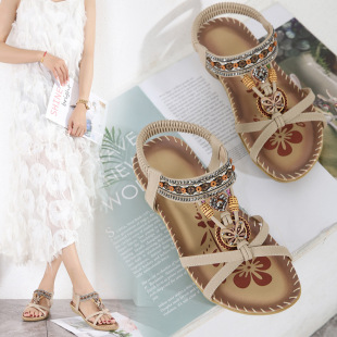 Bohemian 2025 Spring New Cross-Border Large Size Flats Flower Rhinestone Sandals Open Toe Outer Beach Sandals