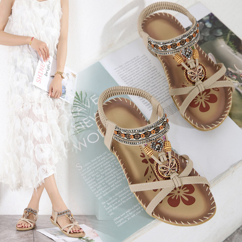 Bohemian 2025 Spring Plus Size Flat Flower Water Diamond Open-Toe Outwear Sandals