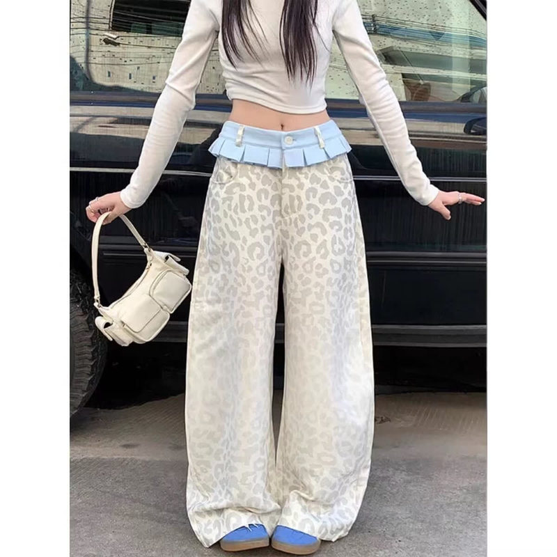 Retro Leopard Print Skirt Design Splicing Jeans for Women New High-Waist Slimming Loose Straight Wide-Leg Floor-Length Pants