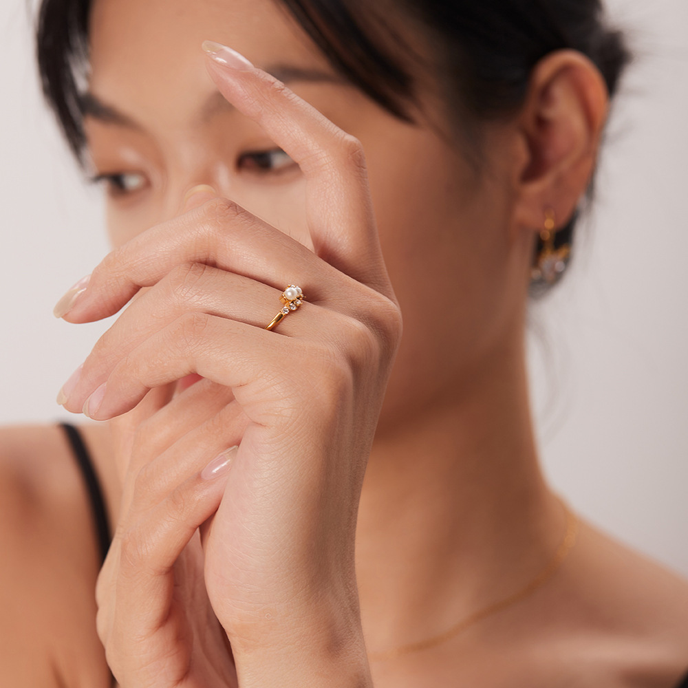 Elegant Geometric Stainless Steel Open Ring Plating Pearl Copper Rings