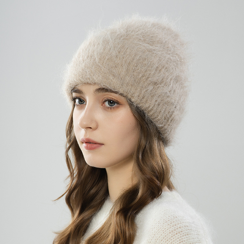 Mũ len beanie nữ lông cừu giữ ấm, vành tai bảo vệ, cỡ đầu lớn — màu be