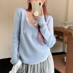 絶美の青い偽の2つのニットの婦人服の長袖vネックの秋は色のセーターにぶつかります独特で美しい上着を着ます。