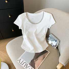 韩版重工镶钻圆领短袖t恤女夏新款纯欲甜辣妹紧身时尚上衣高级感