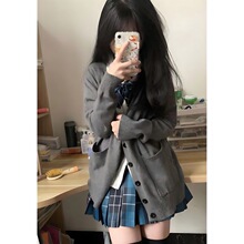 甜美学院风纯色毛衣女宽松百搭纯色长袖v领针织开衫jk制服套装