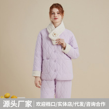 新品新中式纯棉夹棉睡衣女冬季加绒加厚保暖可外穿家居服国风套装