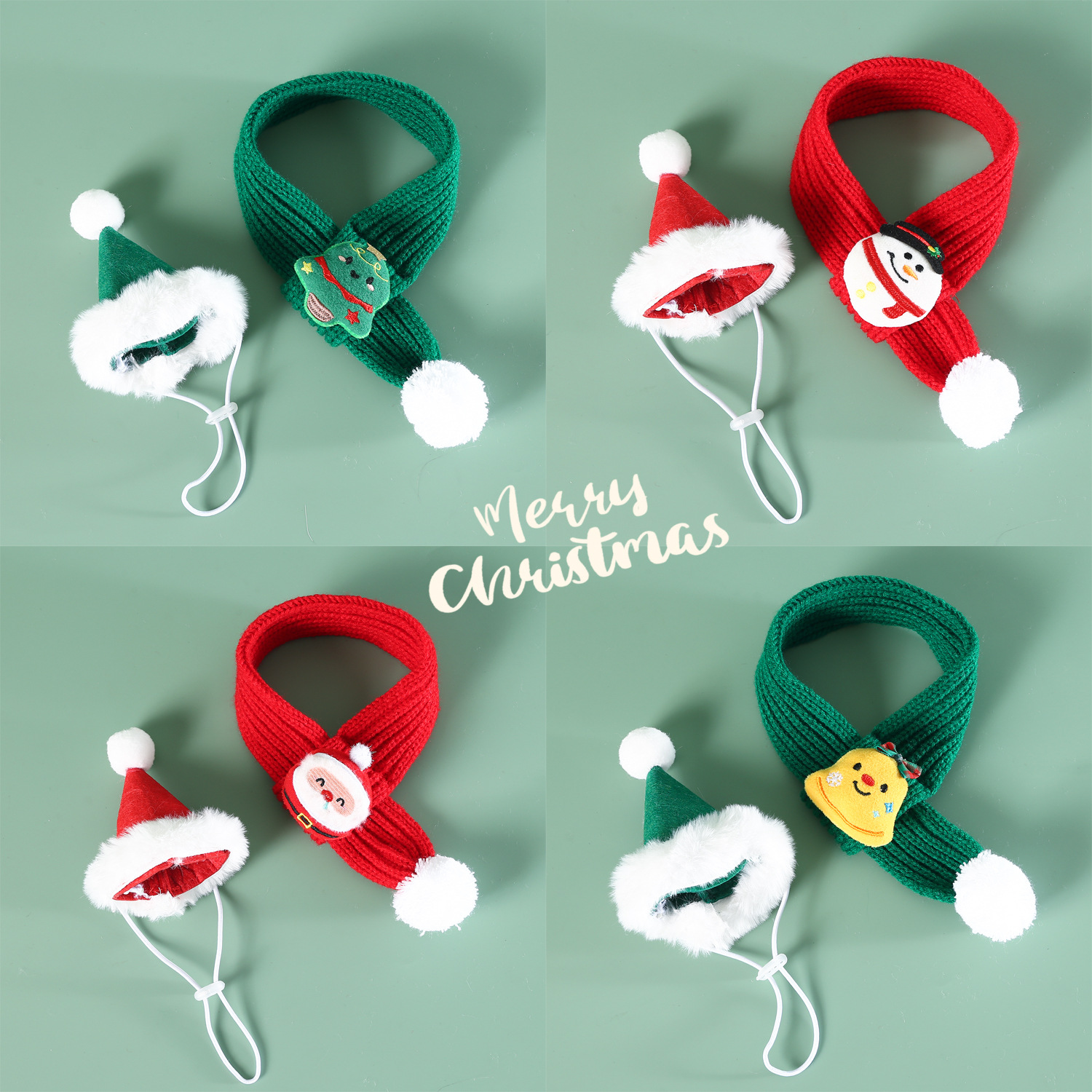 2024 mascotas bufandas de lana de Navidad bola de nieve de punto campana roja y verde árbol muñeco de nieve viejos dibujos animados gatos y perros escolares
