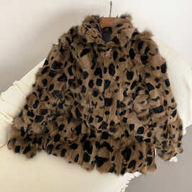 2024秋冬新款女式皮草外套女短款豹纹真狐狸腿毛保暖时尚裘皮大衣