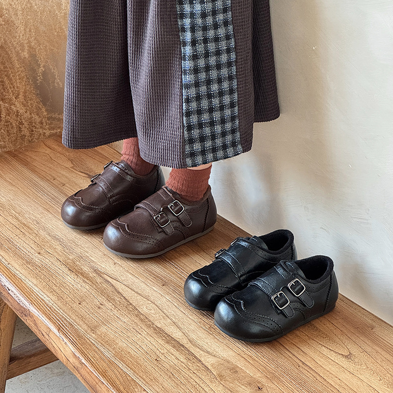 Girls' Shoes Kidsren's Loafers 2025 Autumn and Winter New Style Fleece-Lined Little Girls British Style Black Genuine Leather Small Leather Shoes