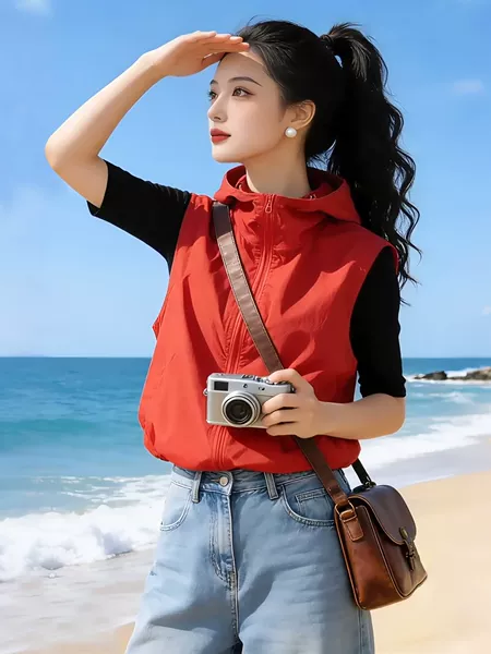 2026 New Spring and Autumn Thin Single-Layer Sun Protection Vest for Women, Loose Fit, Hooded, Breathable, Popular Style