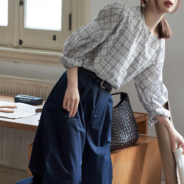 "White Sketch Workshop" "Lazy Thoughts" Autumn Color-Blocked Original Plaid Shirt, Vintage Lantern Sleeve Blouse for Women "White Sketch Workshop" "Lazy Thoughts" Autumn Color-Blocked Original Plaid Shirt, Vintage Lantern Sleeve Blouse for Women