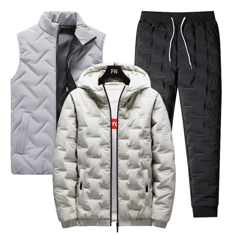 Cross-border winter hooded cardigan down cotton-padded jacket suit men's thick warm cotton-padded jacket cotton-padded pants waistcoat three-piece set Cross-border winter hooded cardigan down cotton-padded jacket suit men's thick warm cotton-padded jacket cotton-padded pants waistcoat three-piece set