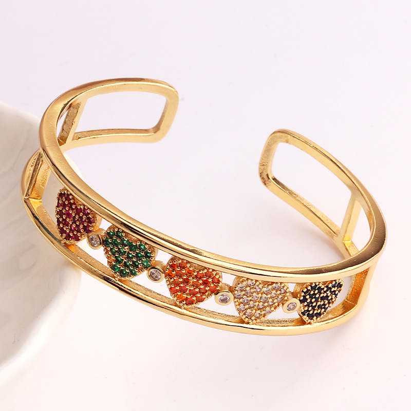 Retro Letter Heart Shape Copper Inlay Zircon Bangle