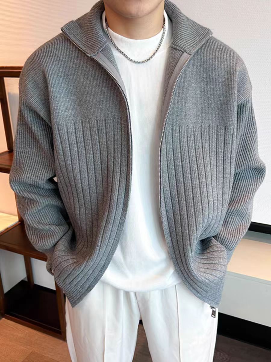 Color sólido retro holga camisa de punto suéter de cuello alto de hombre con cremallera de cuello de moda cardigan chaqueta de alta calidad simple