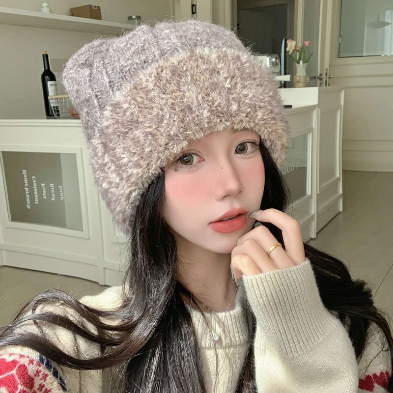 毛圈保暖针织帽冬季加厚百搭毛线帽简约立体猫耳帽子女款护耳冷帽