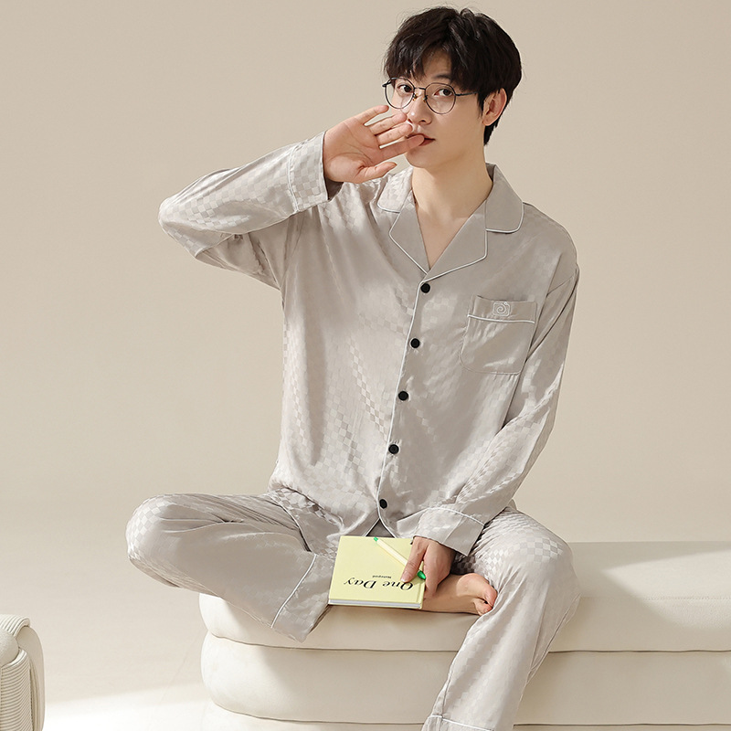 ZHUOJIA 남성용 얼음과 눈 실크 잠옷 봄, 가을 얇은 새 카디건 홈웨어 청소년 긴팔 바지 정장