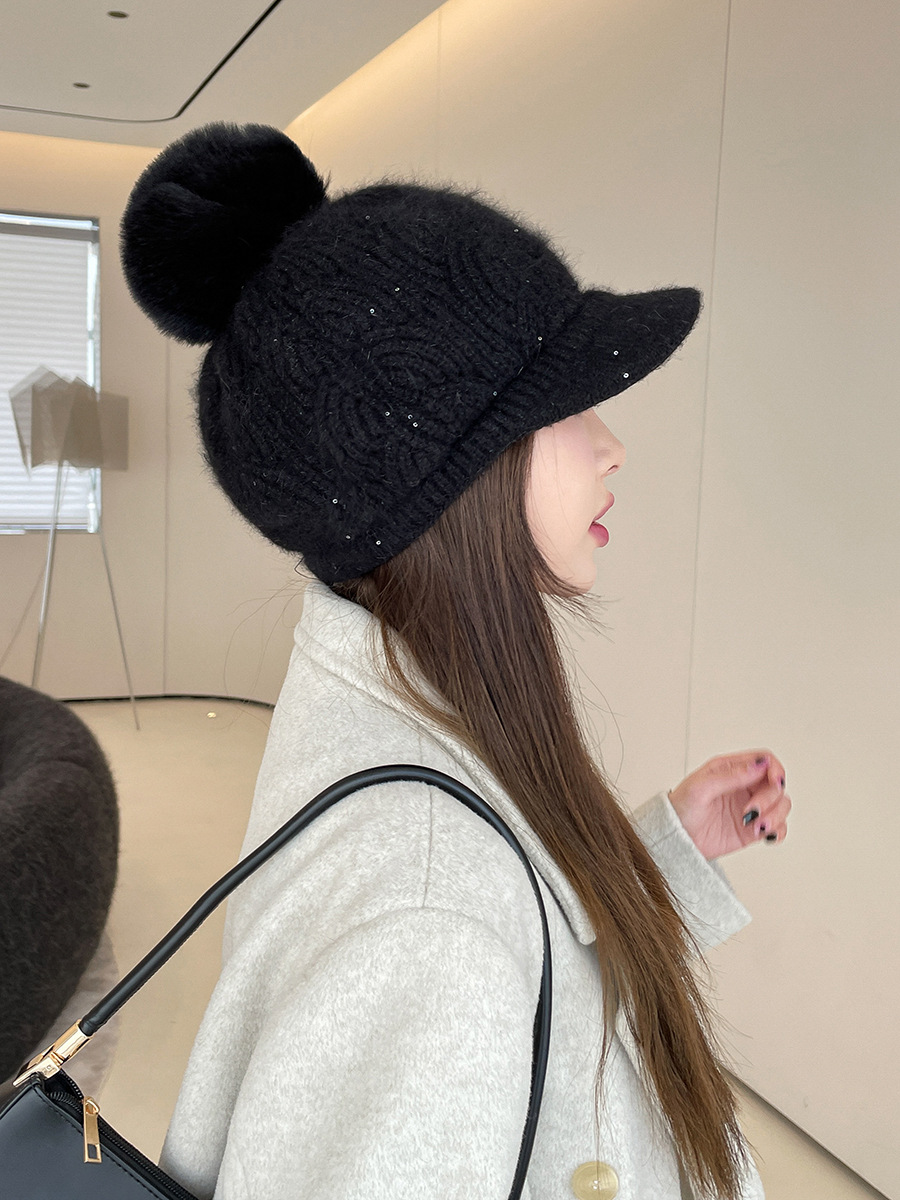 Autumn And Winter Velvet Rabbit Fur Women's Baseball Cap Texture Sequin Wool Ball Knitted Duckbill Cap Trend Warm Hat Yarn Cap_voghion.com