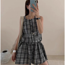 良良家复古格子背心连衣裙女夏季新款设计感抽绳系带显瘦A字短裙