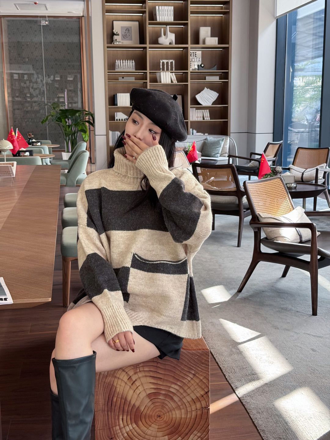 24 invierno Puyuan collar fz otoño invierno suéter de tamaño grande para mujeres 2024 nuevo estilo rayado