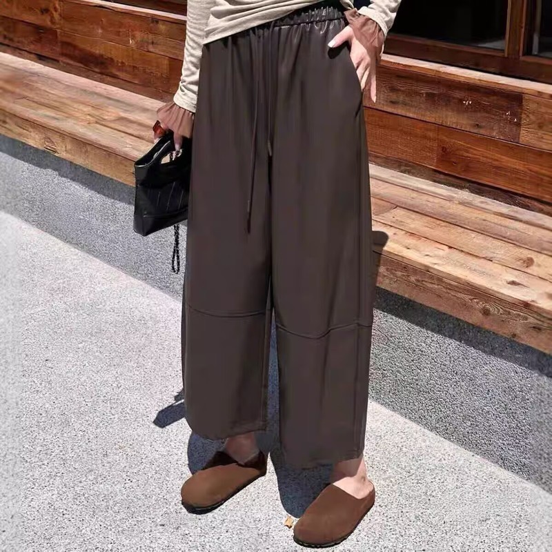 高端25秋冬新高腰简约松紧腰蛋白皮宽松百搭休闲直筒女士九分皮裤|undefined