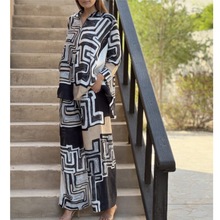 欧美外贸现货女装2025新款时尚棉麻多色印花长袖休闲直筒裤两件套