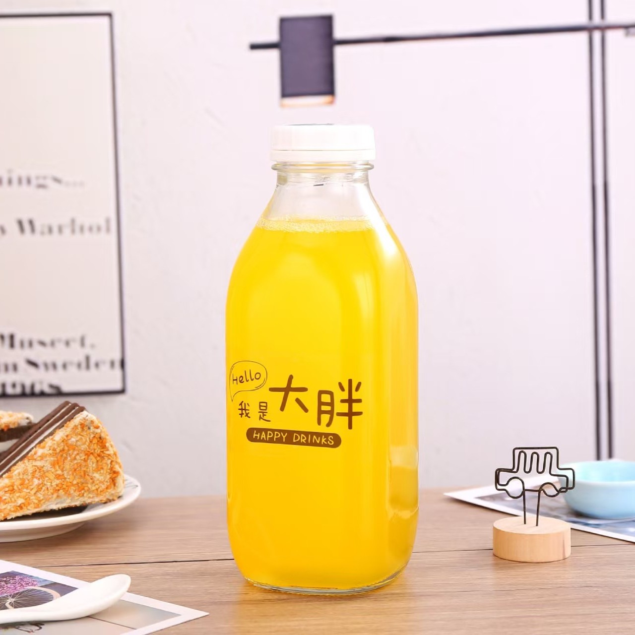 厂家直销300ML500ML1000ML加厚奶茶果汁孝素自锁防盗盖玻璃饮料瓶