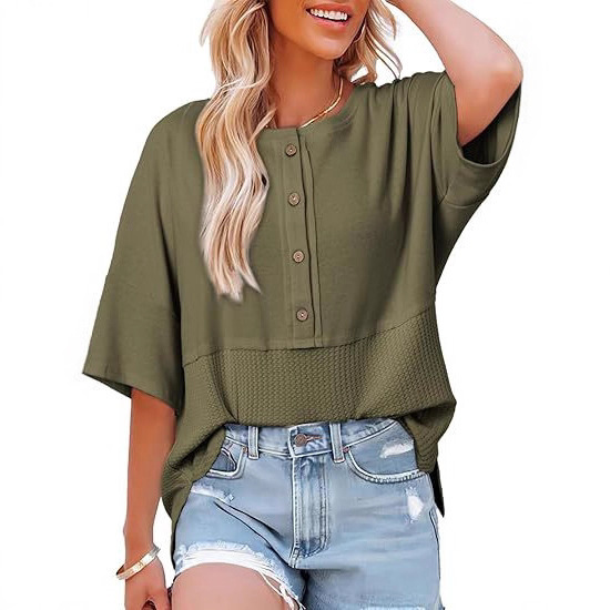 2025 Amazon Cross-Border Women's Waffle Knit Fashion Three-Quarter Sleeve Casual Button-Down Shirt Round Neck Top