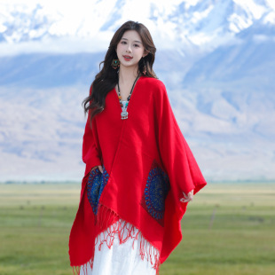 Xinjiang Xizang Travel Photo Slit Pocket Ethnic Style Scarf Women's Dual-Purpose Warm Outer Cape Cloak Shawl