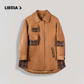 定制秋冬海宁真皮皮衣女中长款羊皮拼接羊绒口袋气质宽松外套