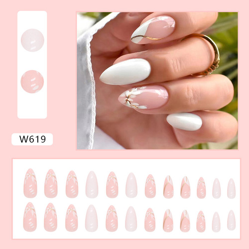 Pink and pure white French fallen flower petals manicure fake nails almond nails finished products wholesale wearable nails
