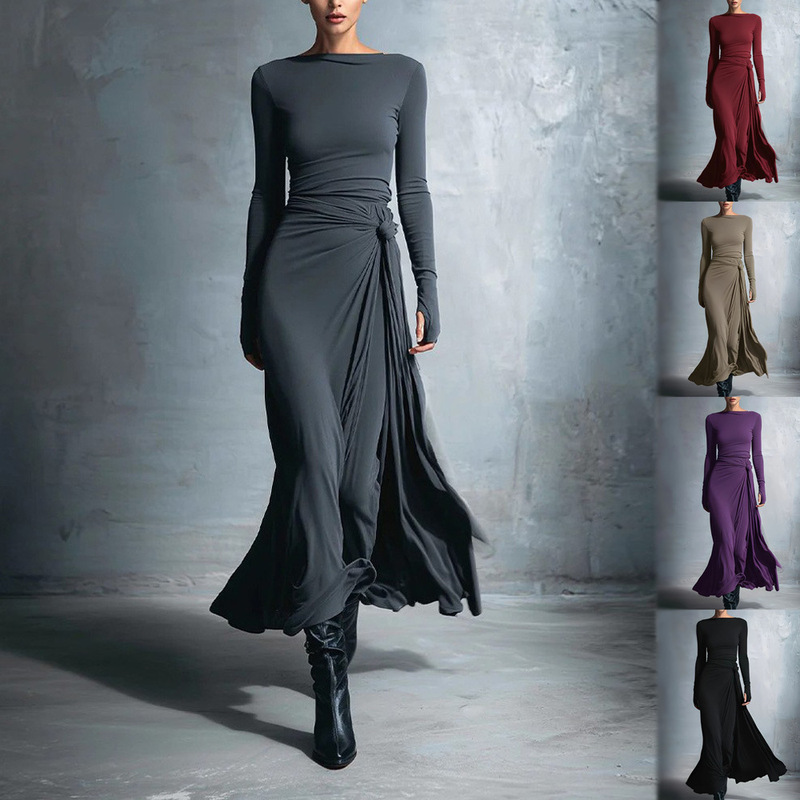 Independent Station European and American 2025 Cross-Border Autumn and Winter New Women's Clothing Pure Color Exquisite Wrap Long Skirt Knotted Long-Sleeved Dress